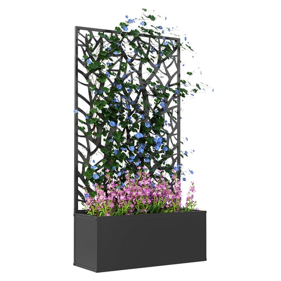 Metal Garden Bed with Trellis, Wall Mounted/Freestanding Planter Box, 8 Gallon Flower Bed for Patio, Balcony, Climbing Plants - Black