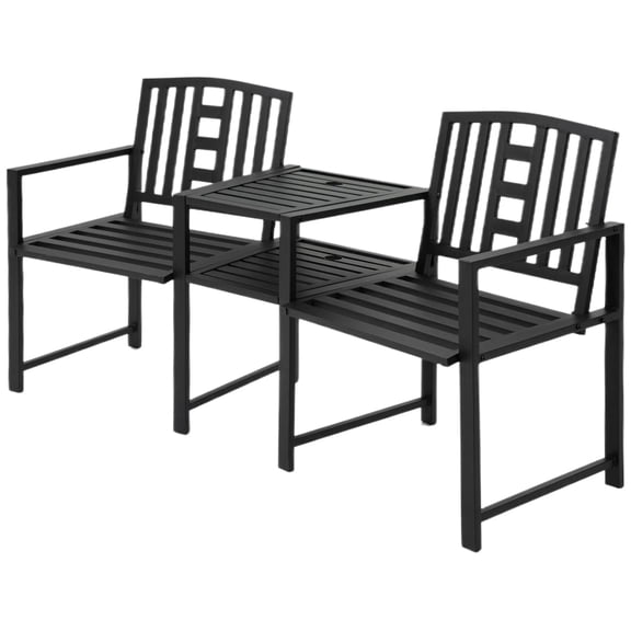 Metal Garden Bench Loveseat with Built-in Table, Umbrella Hole & Armrests for Patio, Porch & Backyard