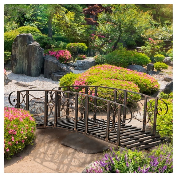 Metal Garden Bridge 6ft - Backyard Arch Bridge with Rails - 660lbs Capacity - Decorative Steel Footbridge for Creek, Pond, Landscape - Brown