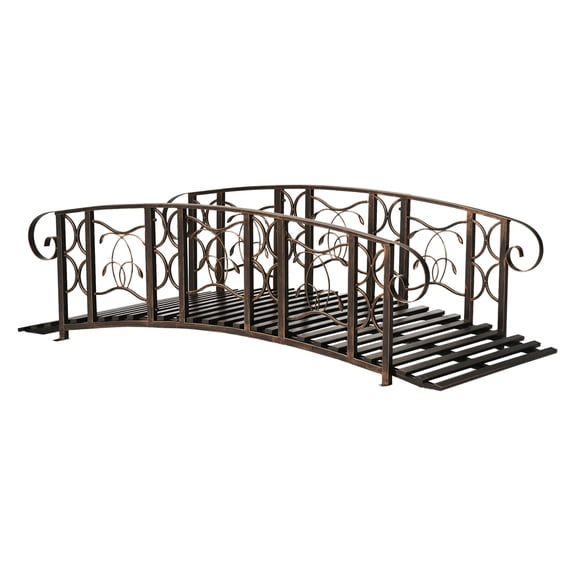 Metal Garden Bridge 6ft - Backyard Arch for Creek, Pond, Walkway - 660lbs Capacity - Brown Decorative Steel Footbridge with Safety Rails & Vine Design