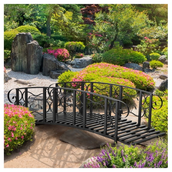 Metal Garden Bridge 6ft - Backyard Creek Bridge with Rails, 660lbs Capacity, Decorative Steel Arch for Pond, Stream, Walkway - Black
