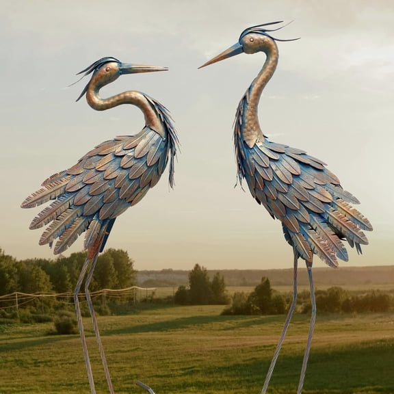 Metal Garden Crane Statues, Outdoor Decorative Bird Sculptures, Set of 2, Copper$$Garden & Patio