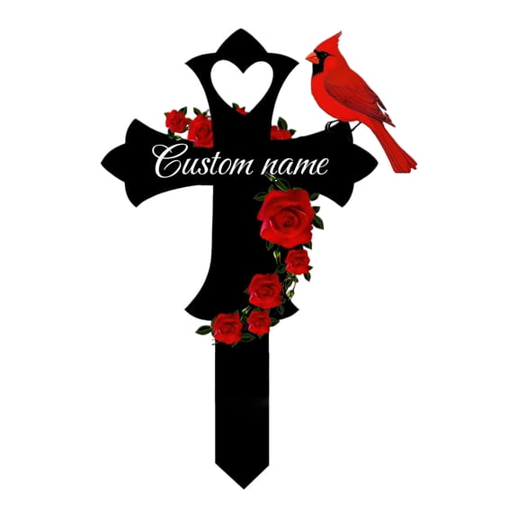 Metal Garden Decor Custom Cross Memorial Stake with Cardinal and Red Roses Metal Flower Garden Stake Cemetery Grave Decoration Sympathy Gift for Cemetery Lawn Outdoor