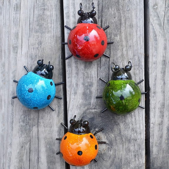 Metal Garden Decor for Outside Cute Ladybugs Yard Art Lawn Ornaments Wall Sculptures & Statues Outdoor Fence Decorations for Patio - Set of 4
