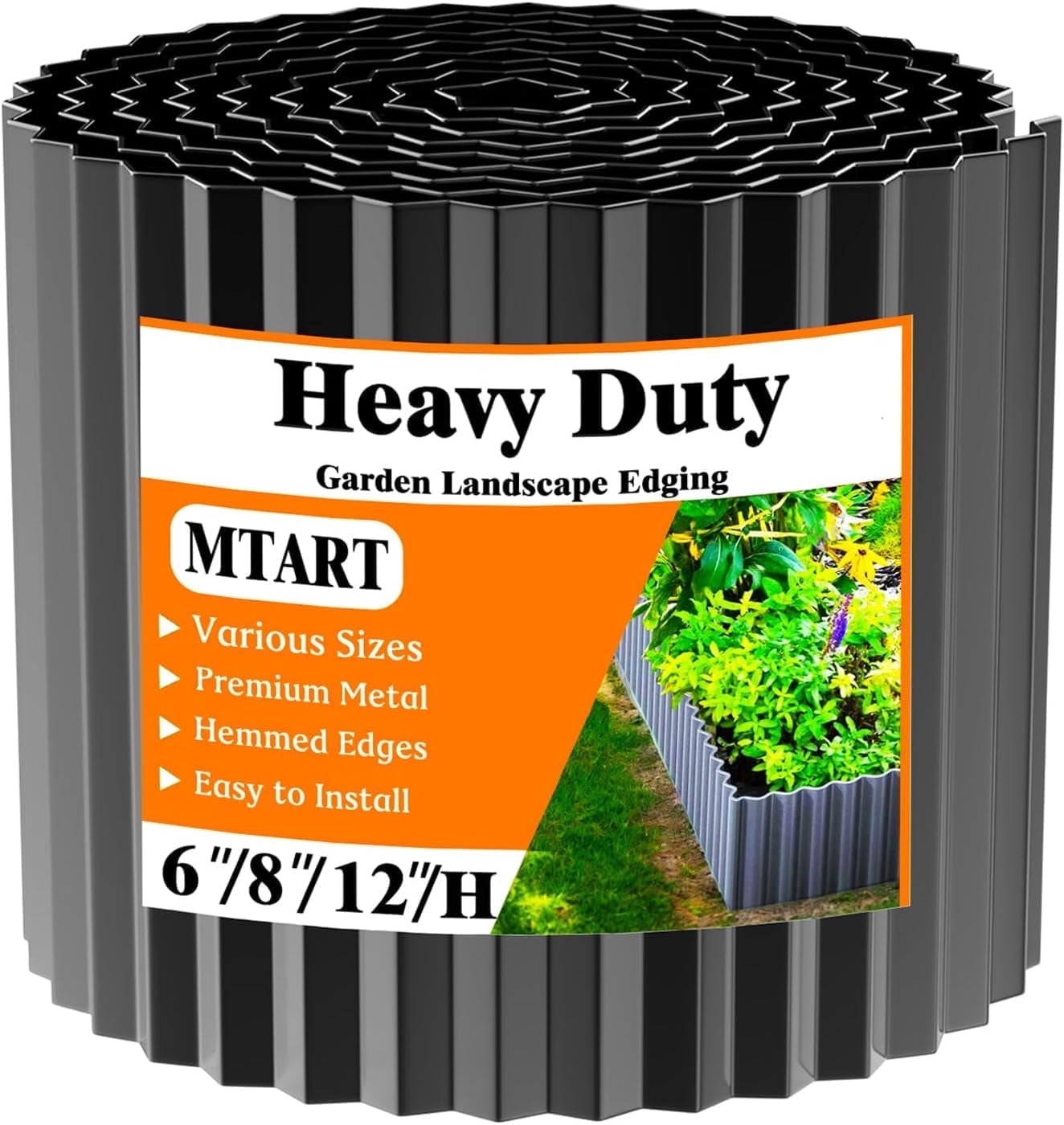 MTART Metal Garden Edging 6Inch x 40FT, Sturdy Corrugated Steel Landscaping Border with Safe Hemmed Edges, Easy Installation for DIY Flower Beds, Lawns, Pathways, Tree Rings, Yards (Black)