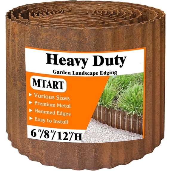 MTART Metal Garden Edging 12Inch x 20FT, Sturdy Corrugated Steel Landscaping Border with Safe Hemmed Edges, Easy Installation for DIY Flower Beds, Lawns, Pathways, Tree Rings, Yards (Rusty)