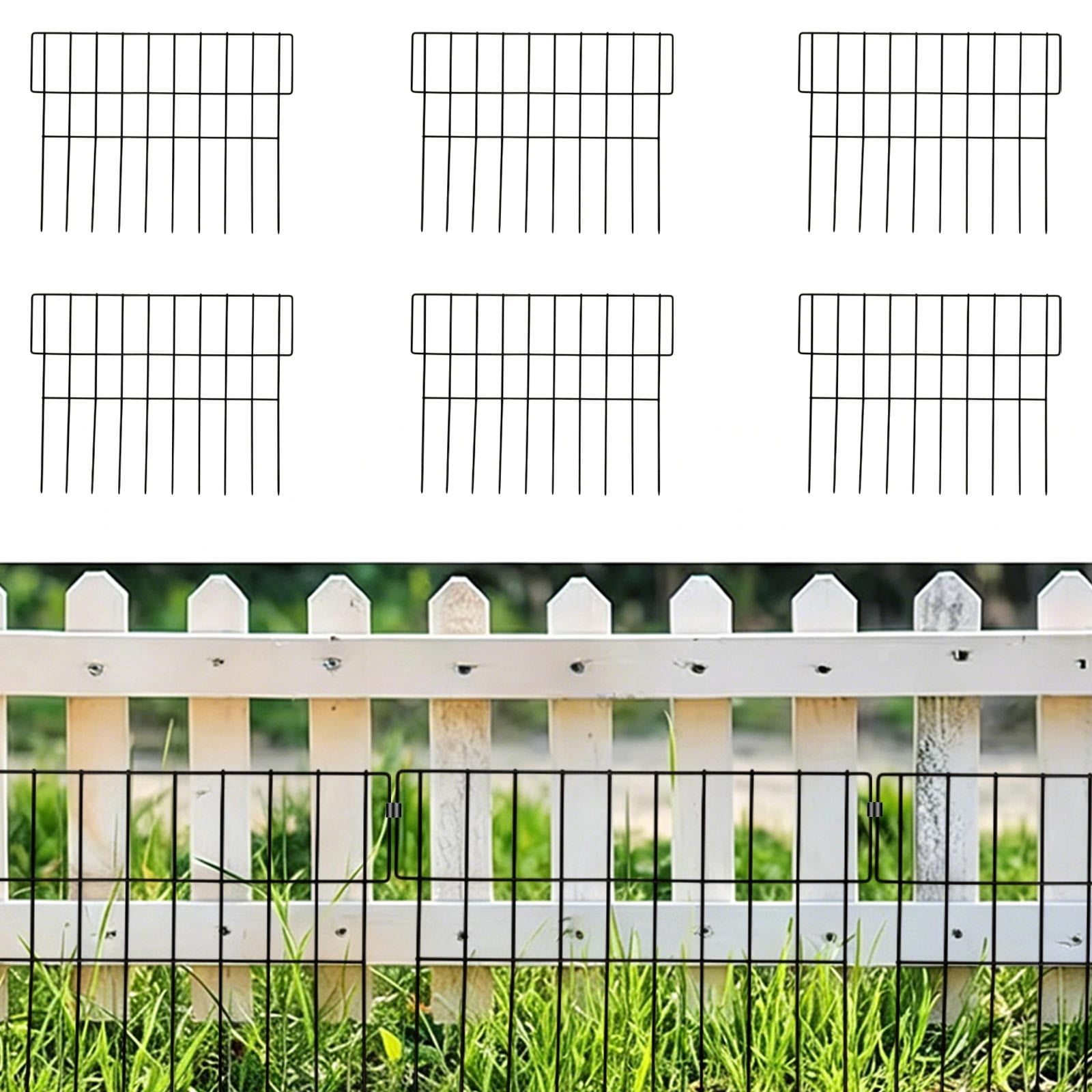 Metal Garden Fence 6 Panels, Black Iron Outdoor Pet Barrier, Rust Proof Animal Fence for Yard Lawn, Decorative Landscape Fencing with Easy Installation Stakes