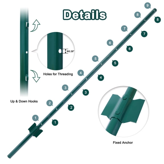 Metal Garden Fence Posts 5 Feet 5 Pack, U-Channel Steel U-Post for Holding Wire Fence and Corner Anchor Posts, Green