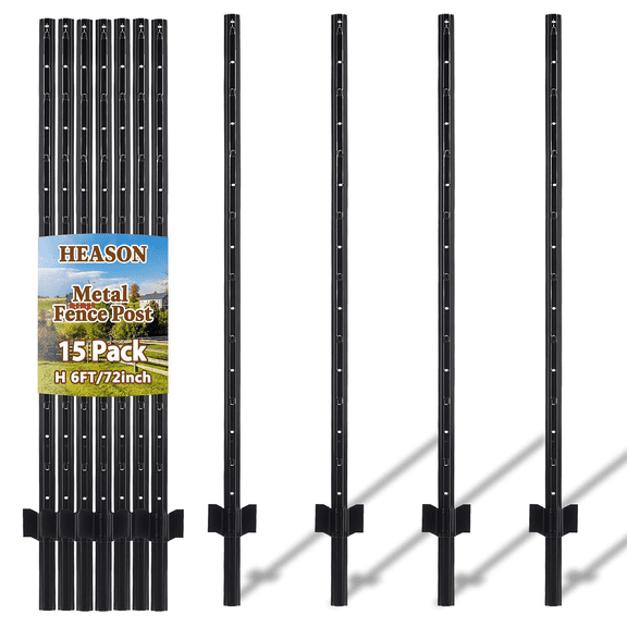 Metal Garden Fence Posts Heavy Duty Spliced U-Post for Wire Fencing, 6 FT Black | 15 Pack No-Dig Fence Stakes, Double Rustproof Steel Fence Posts for Yard, Garden and Farm