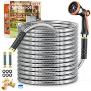 Metal Garden Hose, 100 ft 304 Stainless Steel Metal Garden Hose with Splitter & 6 Extra Rubber Washers for Lawn Watering, Heavy Duty Lightweight, Kink-Free