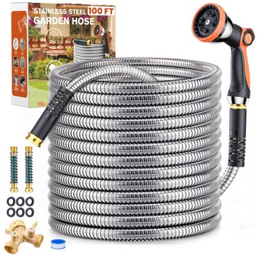 100FT Flexible Stainless Steel Garden Hose - Lightweight 304 Metal Pipe With 3/4" Fittings