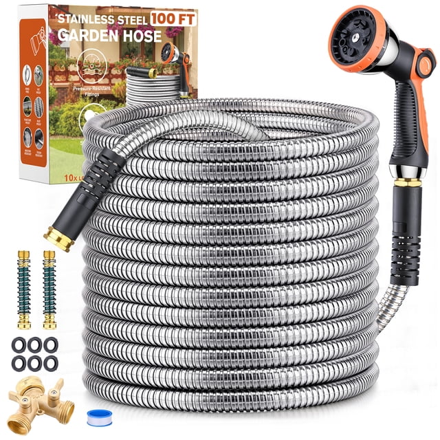 100FT Flexible Stainless Steel Garden Hose - Lightweight 304 Metal Pipe With 3/4" Fittings