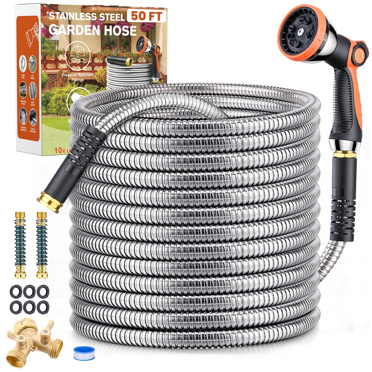 Metal Garden Hose, 100 ft 304 Stainless Steel Metal Garden Hose with  Splitter & 6 Extra Rubber Washers for Lawn Watering, Heavy Duty  Lightweight