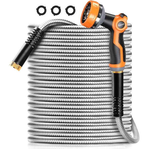 Metal Garden Hose 50FT, Heavy Duty 304 Stainless Steel Water Hoses with Nozzle, Flexible Hose, Lightweight, Rust Proof, No-Kink & Tangle for Yard, Outdoor, RV