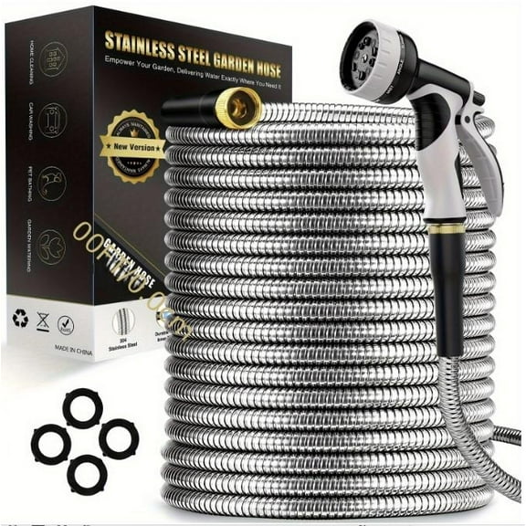 Metal Garden Hose 50FT, Heavy Duty 304 Stainless Steel Water Hoses with Nozzle, Flexible, Lightweight, Rust Proof, No-Kink & Tangle for Yard, Outdoor, RV