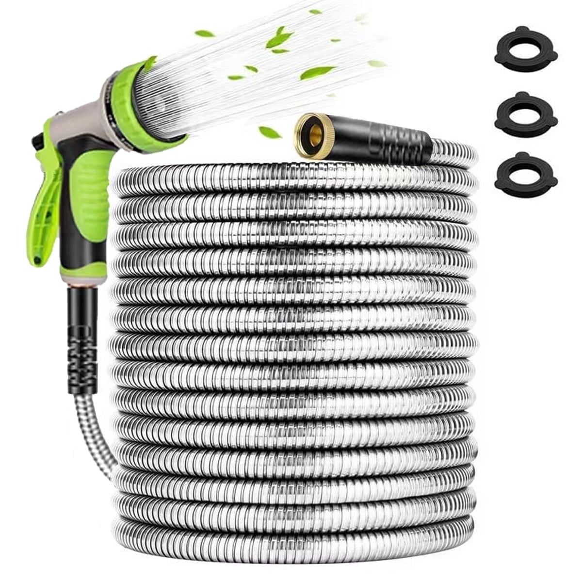 Metal Garden Hose 50ft, 304 Stainless Steel Garden Hose, Heavy Duty Water Hoses with 10 Function Hose Nozzle, Flexible, No Kink & Tangle, Puncture Proof Hose for Yard, Outdoors, Rv
