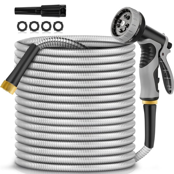 Teblint Metal Garden Hose, 3/4 inch x 50ft Stainless Steel Water Hose with 2 Spray Nozzles, Flexible, No Kink & Tangle, Leak & Puncture Proof