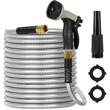 Metal Garden Hose, 50ft Stainless Steel Flexible Water Hose with 10 Adjustable Patterns Spray Nozzle, Heavy Duty Water Pipe with 3/4'' Connector, Kink Free & Tangle Free, 2 Nozzles