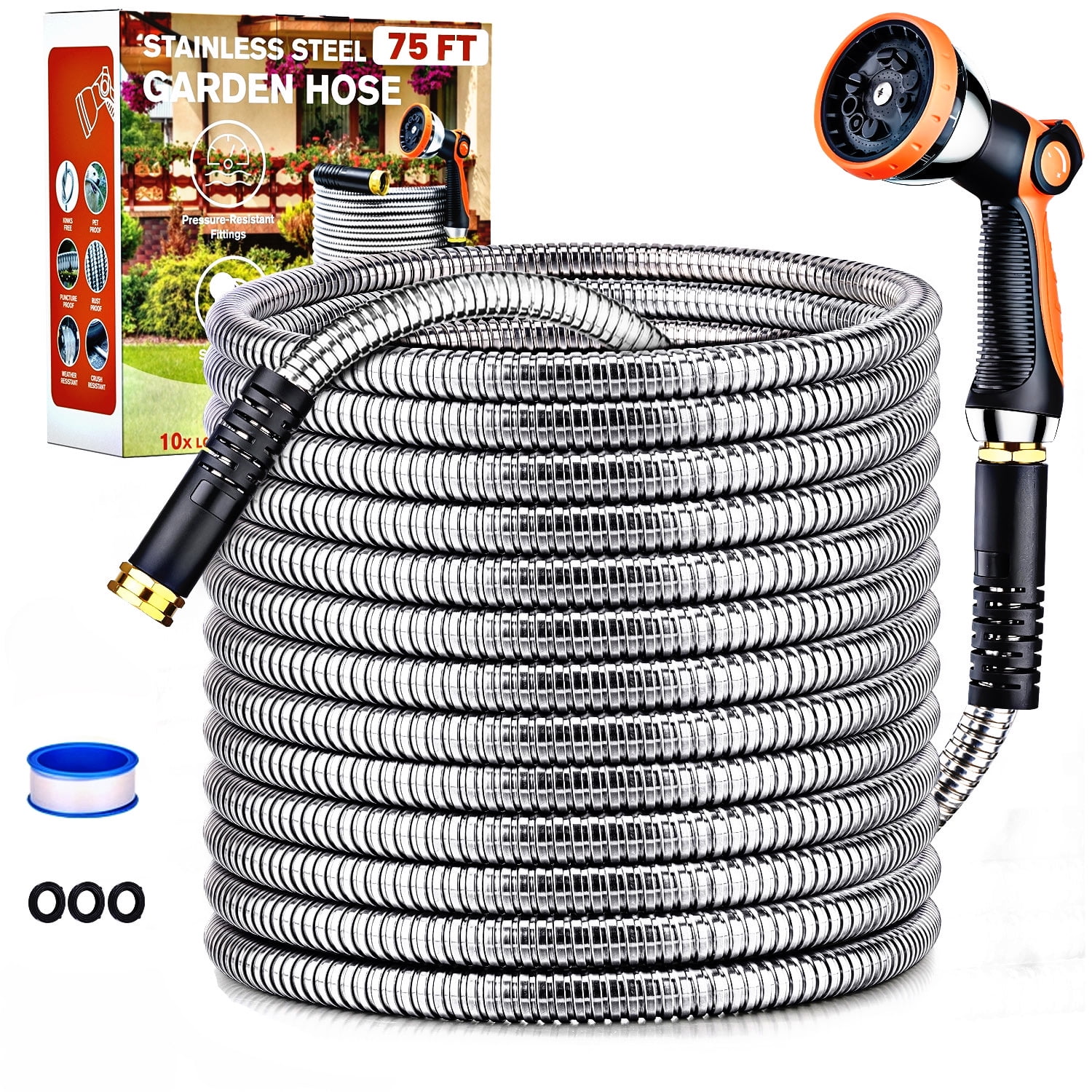 Metal Garden Hose, 75FT Upgarded 304 Stainless Steel Water Hose with 10