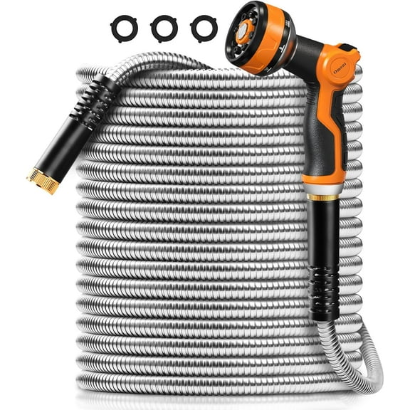 Metal Garden Hose Stainless Steel Water Hose with Nozzle, Flexible, Lightweight, Puncture Resistant, Never Kink and Tangle, Heavy Duty Garden Hose for Yard and Outdoor