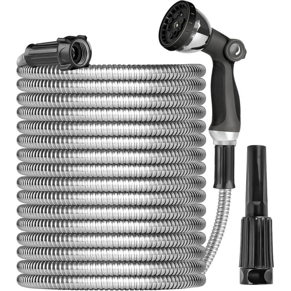 Metal Garden Hose Water Hose 100ft Heavy Duty Stainless Steel Water Pipe with Sprayer & Nozzle Flexible Lightweight Hose No Kink Pet Proof Hose for Yard, Outdoors, Rv