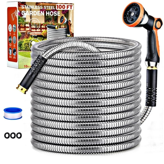 Metal Garden Hose 100ft, 304 Stainless Steel Water Hose with 10 Functions Adjustable Spray Nozzle