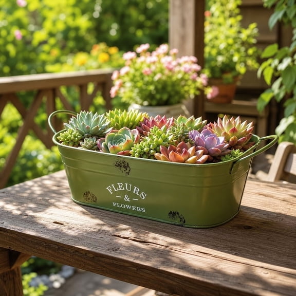 Metal Garden Planter Pot, Decorative Oval Flower Container with Rustic Farmhouse Style and Weather Resistant Design, Succulent Plant Holder for Balcony Patio Garden Porch Decor