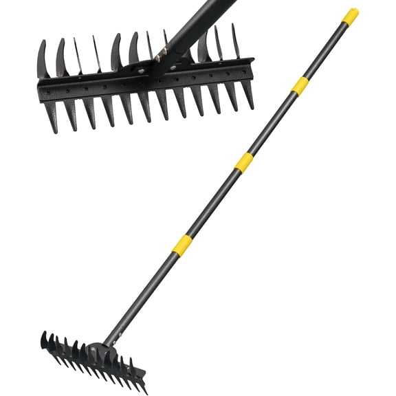 Metal Garden Rake Heavy Duty, 62" Adjustable Handle Bow Rake Dual-Sided Dethatching Thatch Rakes Garden Tool for Rock Leaves Lawns Landscape Yard Gardening Loosening Soil
