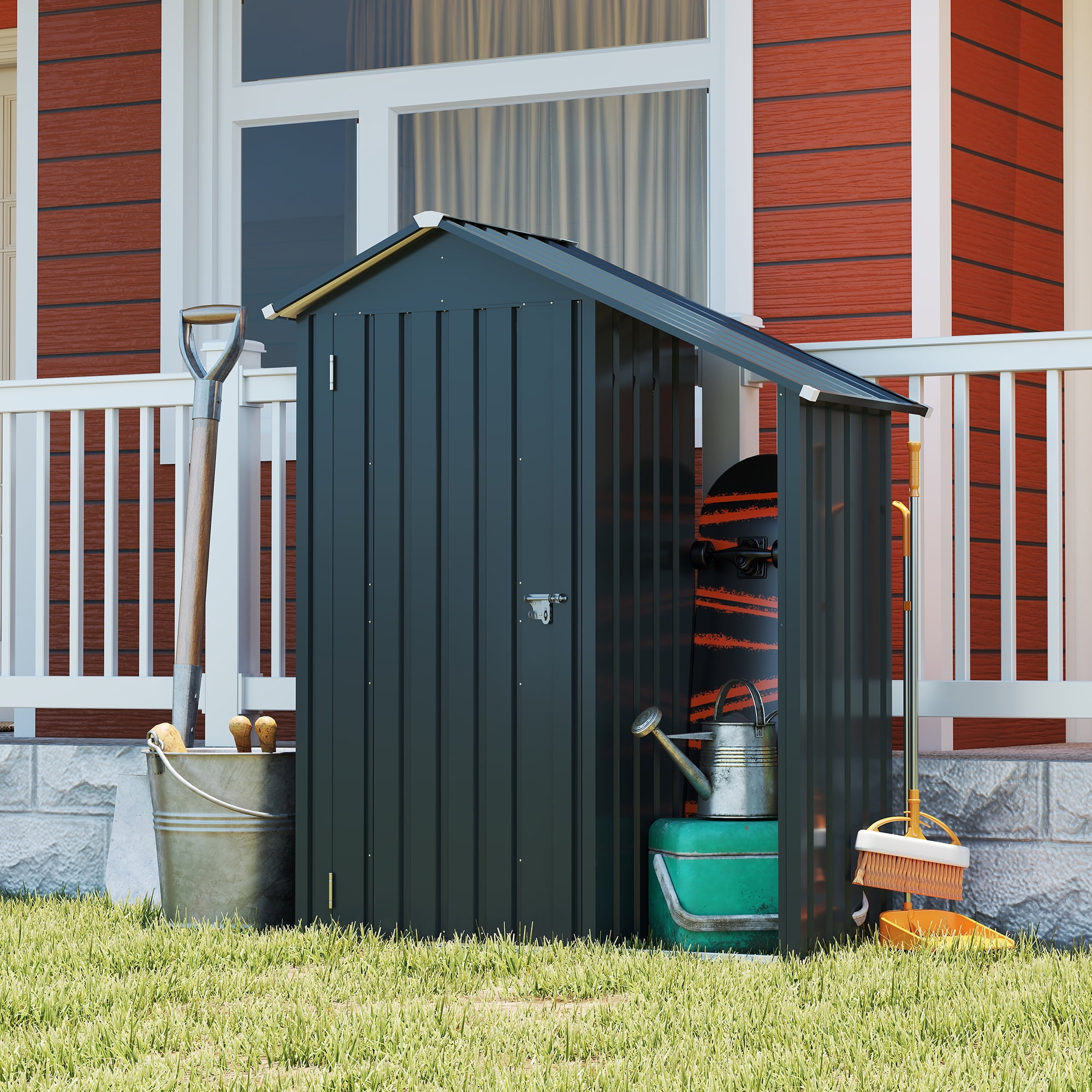 Metal Garden Shed, Small Outdoor Storage Shed with Lock, 2-in-1 Waterproof Galvanized Steel Tool Shed & Firewood Rack for Backyard, Patio, Dark Gray