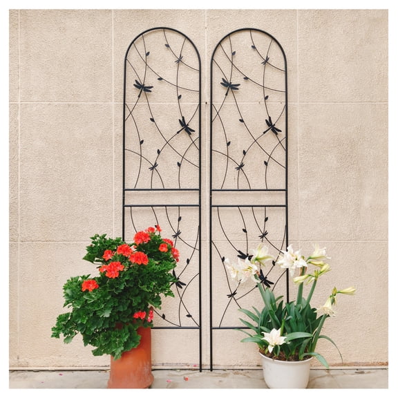 Metal Garden Trellis 2 Pack - 86.7" x 19.7" Rustproof Plant Support - Outdoor Climbing Flower Trellis with Dragonfly Design - Black