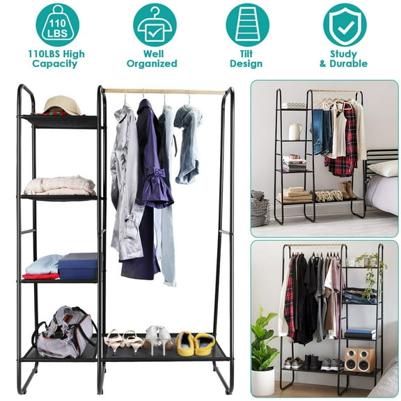 Metal Garment Hanging Rack TeqHome Rustproof Shoe Clothing Organizer Shelves Freestanding Clothes Hanging Rail with 1 Hanging Rod 5 Mesh Shelves