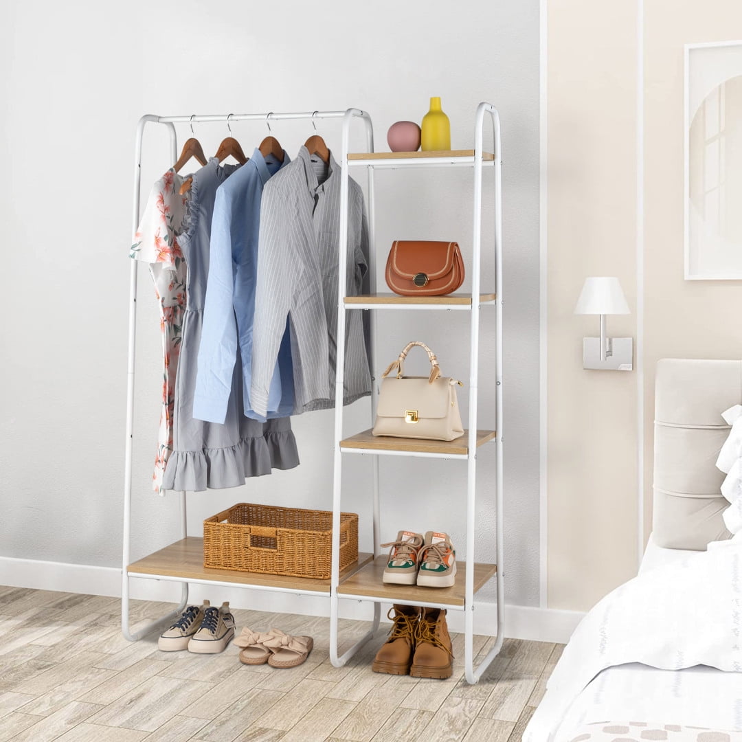 Metal Garment Rack Freestanding Closet Storage Organizer with 5 Shelves and Hanging Bar Open Wardrobe Rack for Hanging Clothes and Storage Clothes Rack for Bedroom Entryway White Walmart