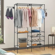Metal Garment Rack,Hanging Clothes Rack Storage Shelves with 2 Side Hooks,Portable Freestanding Multifunctional Wardrobe Closet