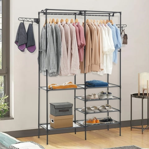 Metal Garment Rack,Hanging Clothes Rack Storage Shelves with 2 Side Hooks,Portable Freestanding Multifunctional Wardrobe Closet