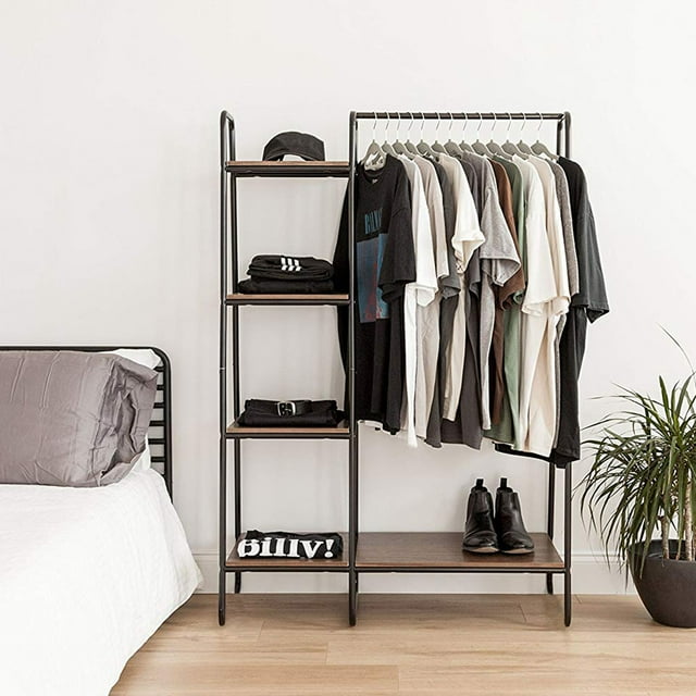 Metal Garment Rack Home Storage Rack Hanging Clothing Bar with Multi Wooden Shelves 60" x 40"