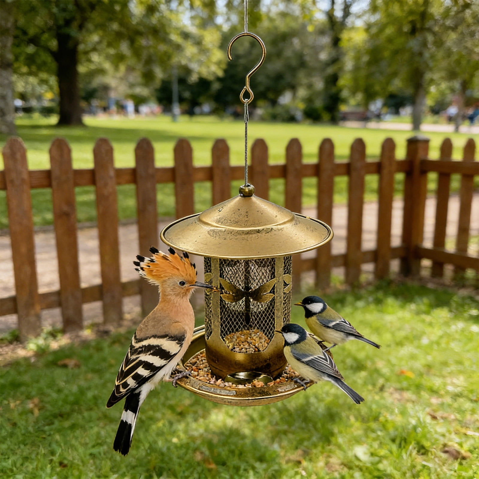 Metal Gazebo Bird Feeder for Outdoors - Hanging Wrought Iron Feeder with Roof for Garden & Patio, Easy to Clean & Fill, Gold Finish