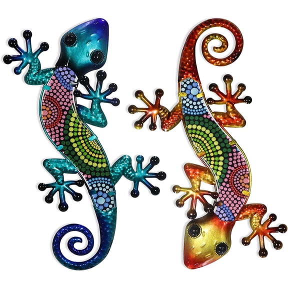 Metal Gecko Wall Art 2 Pack 15 Inch Lizard Outdoor Decor Hanging Glass Sculpture Decoration for Garden Fence Home