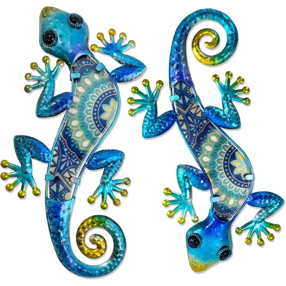 Metal Gecko Wall Art 2Pcs Outdoor Wall Decor 12 Inch Lizard Metal Hanging Wall Decoration Glass Sculpture for Garden Yard Patio Fence Home (Boho Blue)