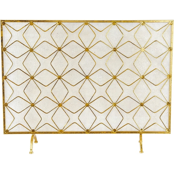 Metal Geometric Star Patterned Single Panel Fireplace Screen with Mesh Netting, 38" x 9" x 28", Gold