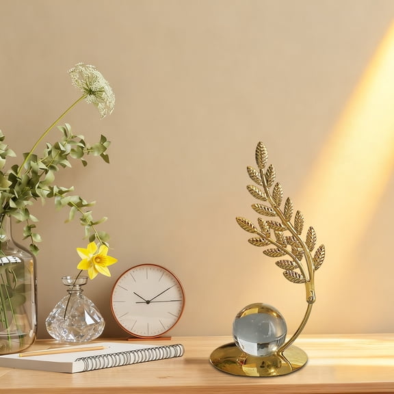 Metal Ginkgo Leaf Crystal Ball Base Art Statue - Elegant Gold Desk Décor for Home Office Bedroom, Handcrafted Silver Jewelry Gift golden