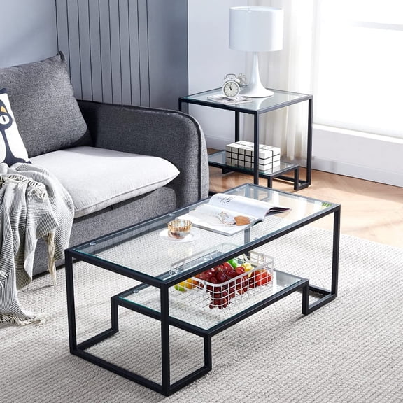 Metal Glass Coffee Table - Two-Tiered with Tempered Glass, Stylish Metal Frame Coffee Table for Bedroom, Dining Room, Office Room.