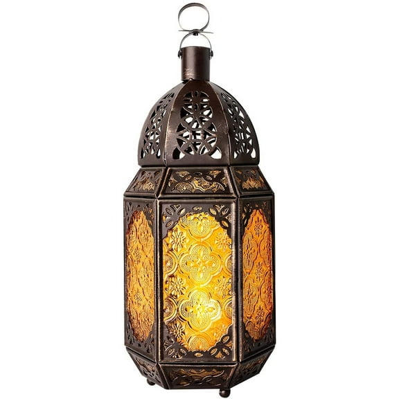Metal Glass Ramadan Candle Lantern, Moroccan Style Portable Candle Holder Pavilion Shape Bowl Bottom Decorative Hanging Lamp Wind Lantern Dcor for Home Patio Balcony Garden - Copper + Yellow