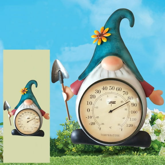 Metal Gnome Thermometer Indoor Outdoor Wall Art Decor Plaque Sculpture Hanging Mounted for Living Room Bedroom Kitchen Workroom Patio, Waterproof, No Battery Required