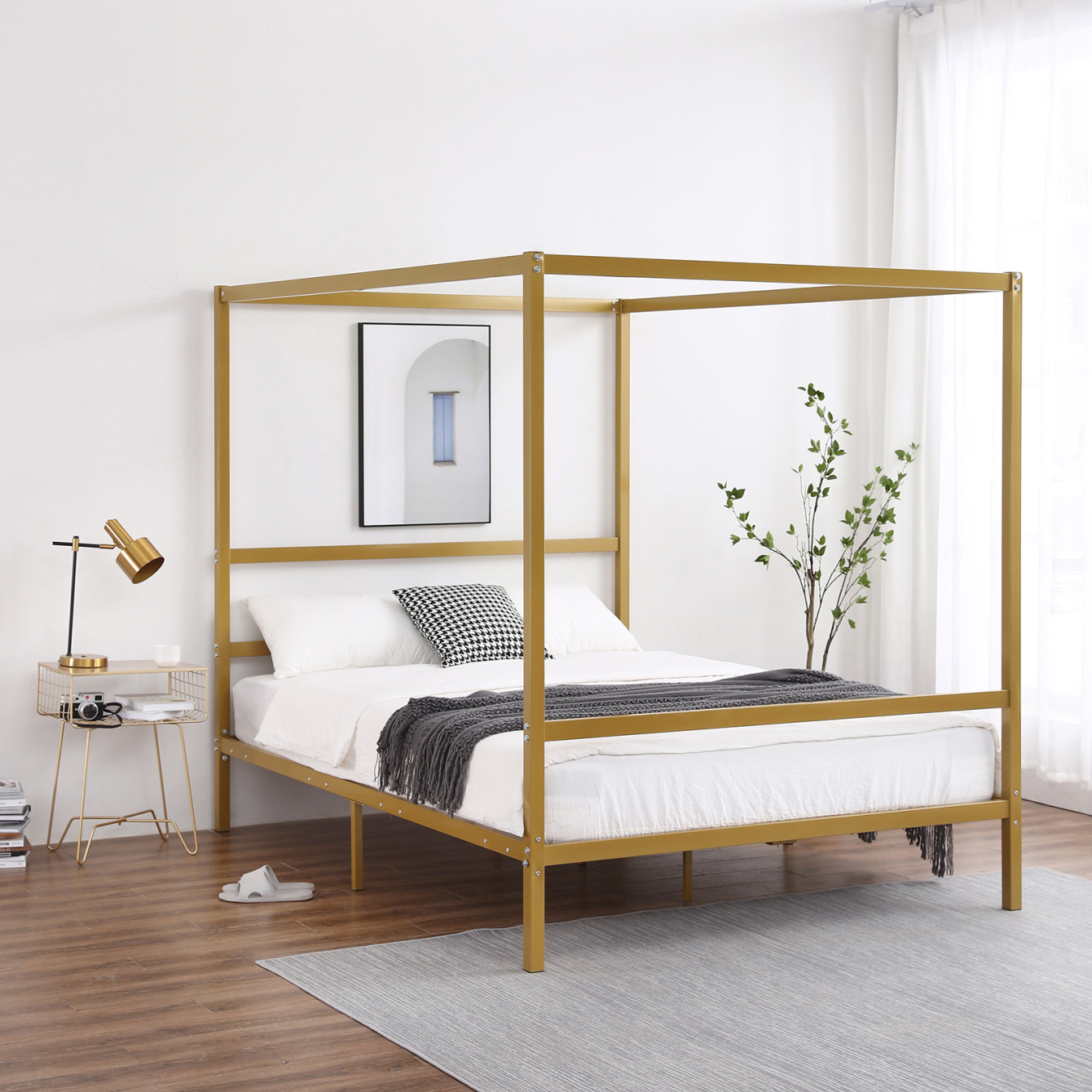 Metal Gold Bed Frame, Platform Canopy Bed Frame Queen with Center