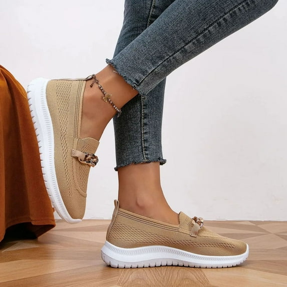 Metal Gold Chain Decor Slip-on Comfort Flat Nurse Loafers Women Shoes Non Slip Shoes for Women Ladies Mesh Walking Shoes Fit Knit Breathable Womens Shoes Dressy Casual Work Nursing Shoes