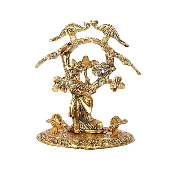 Metal Gold Plated with Antique Finish Buddha Idol Under Tree Showpiece for Home, Office Decoration Best Gift Purpose Iton (7.5 Inch)