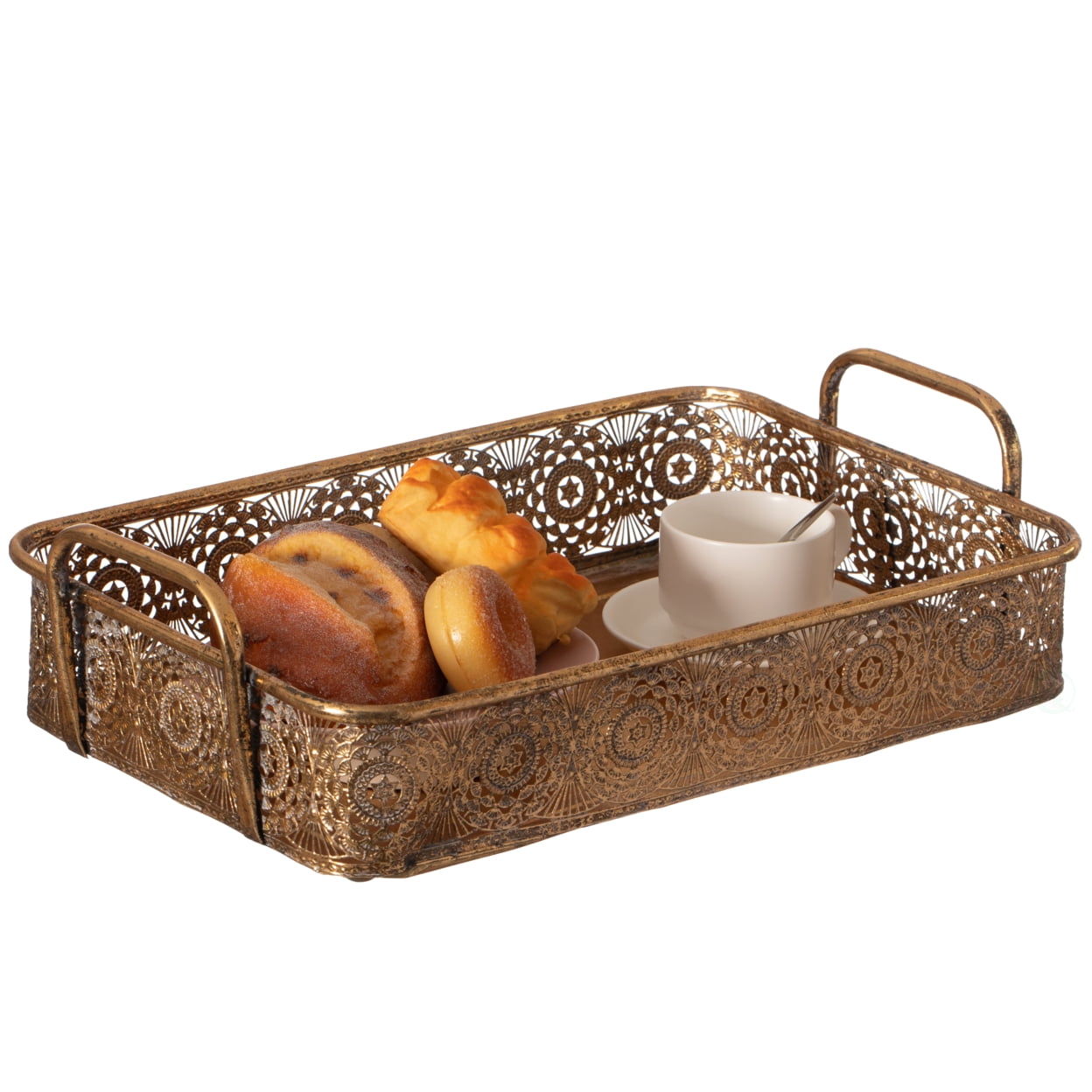 Small Gold Metal Rectangular Serving Tray with Handles