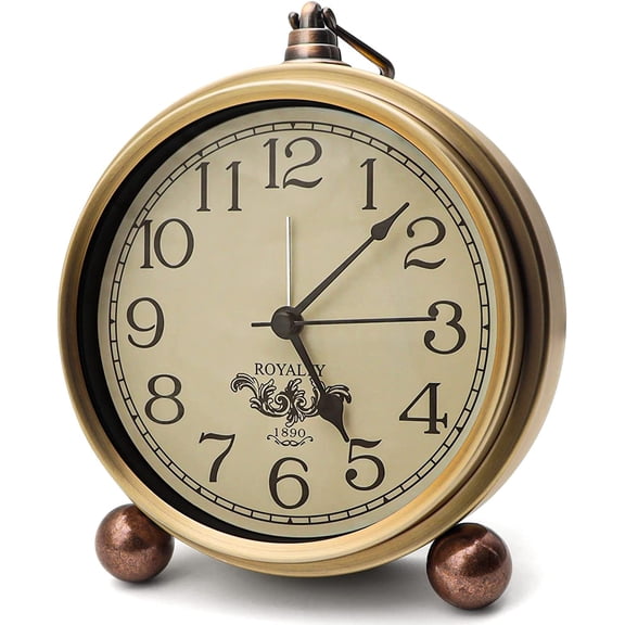 Metal Golden Table Clock, Retro Vintage Non-Ticking Small Alarm Clock,Battery Operated Silent Quartz Movement HD Glass Desk Clock for Bedroom Living Room Indoor Decoration Kids (Arabic2)