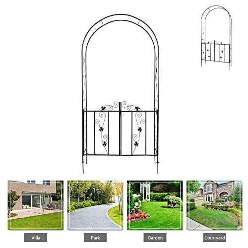 Metal Gothic Garden Arbor Arch Trellis with Gate for Climbing Plants ...