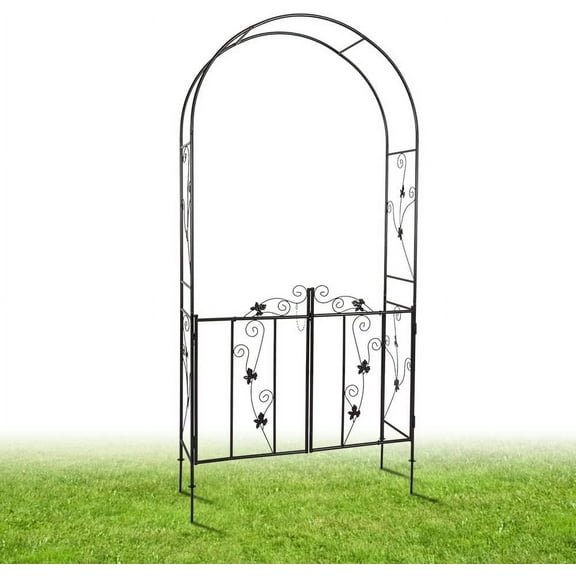 Metal Gothic Garden Arbor Arch Trellis with Gate for Climbing Plants Vines Outdoor
